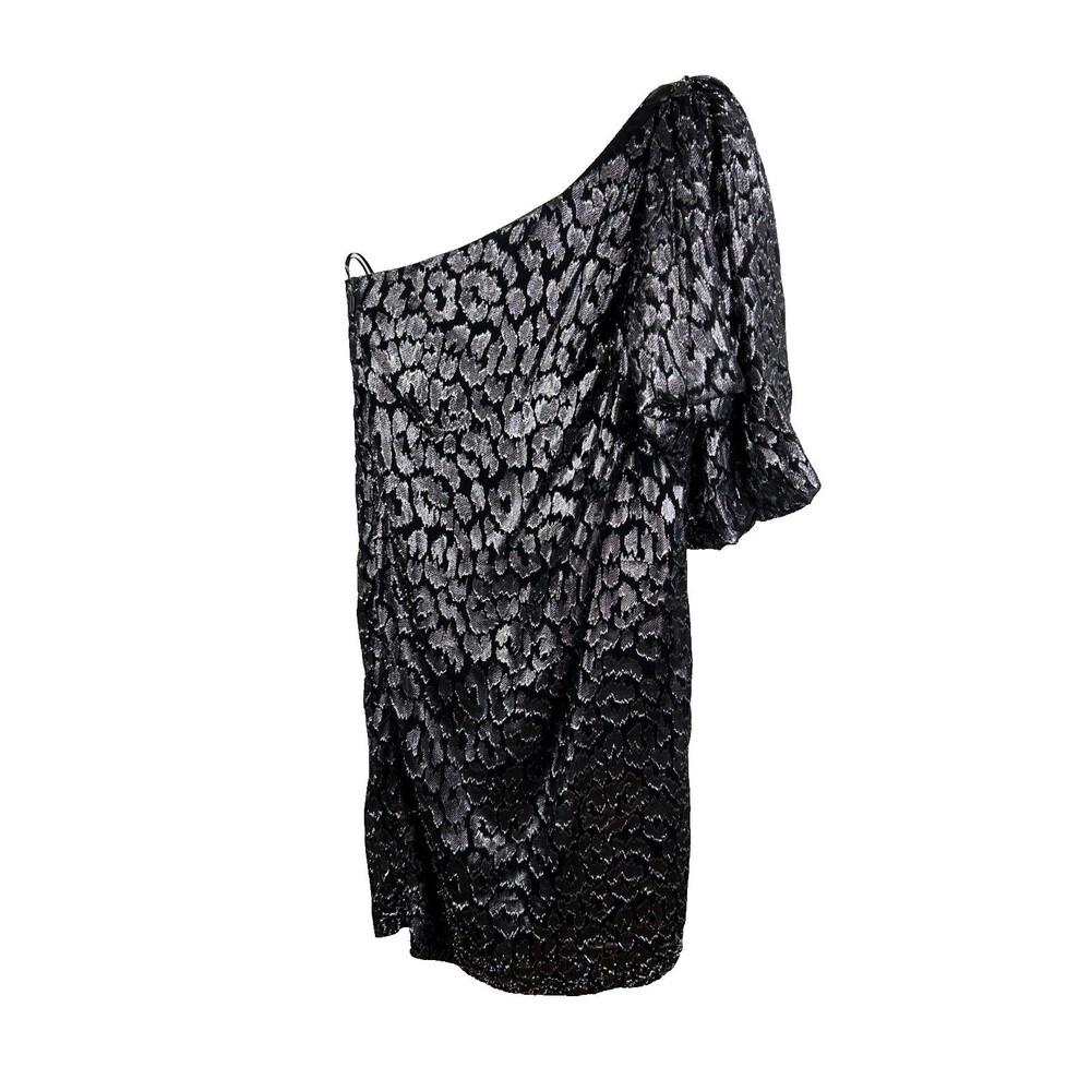 Trina Turk One Shoulder Mini Dress Silver Black Metallic Leopard Cocktail S